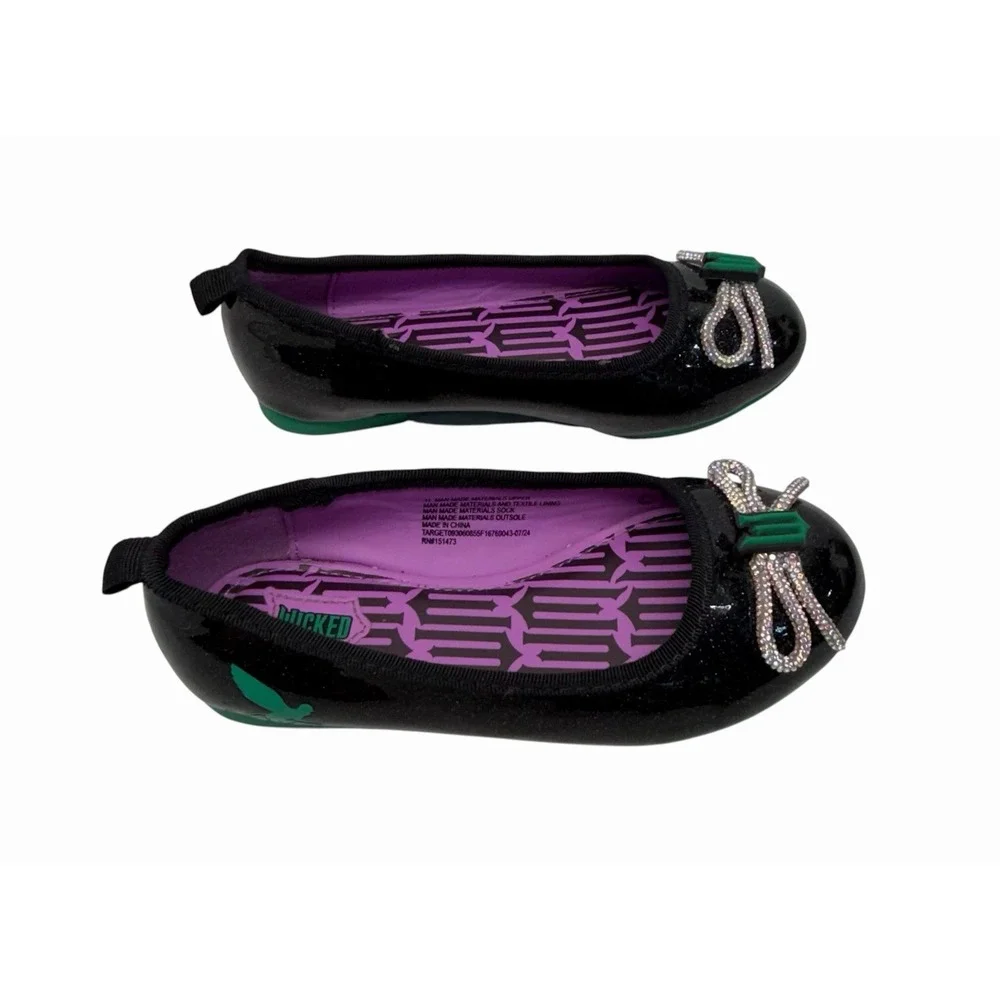 Wicked Flat Shoes Kids Size 11 Monkey Logo Rhinestone Bow Black Purple Green